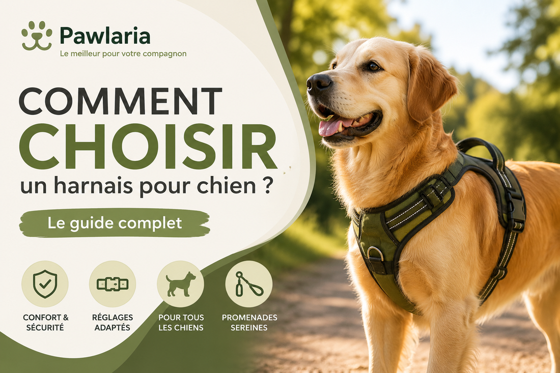 Golden Retriever portant un harnais pour chien lors d'une promenade – guide Pawlaria
