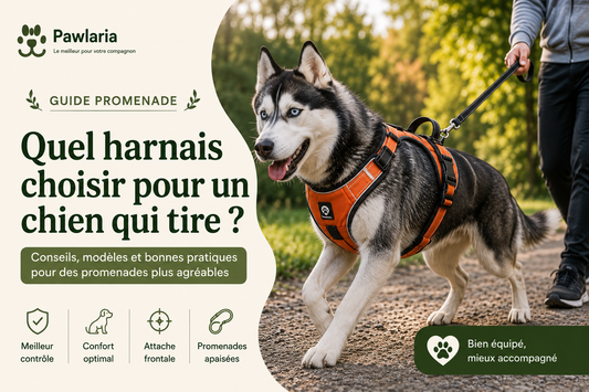 Chien portant un harnais avec attache frontale pendant une promenade en laisse