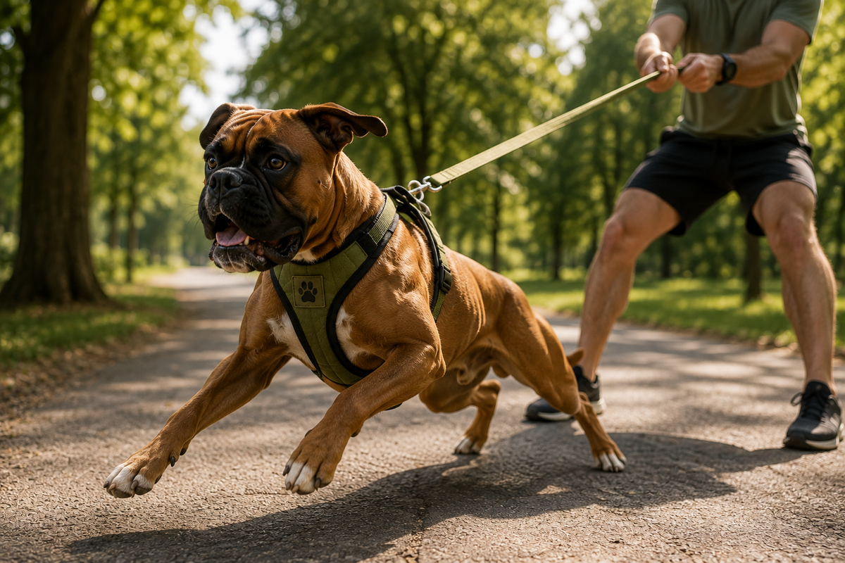 Boxer tirant sur sa laisse pendant une promenade avec son maître