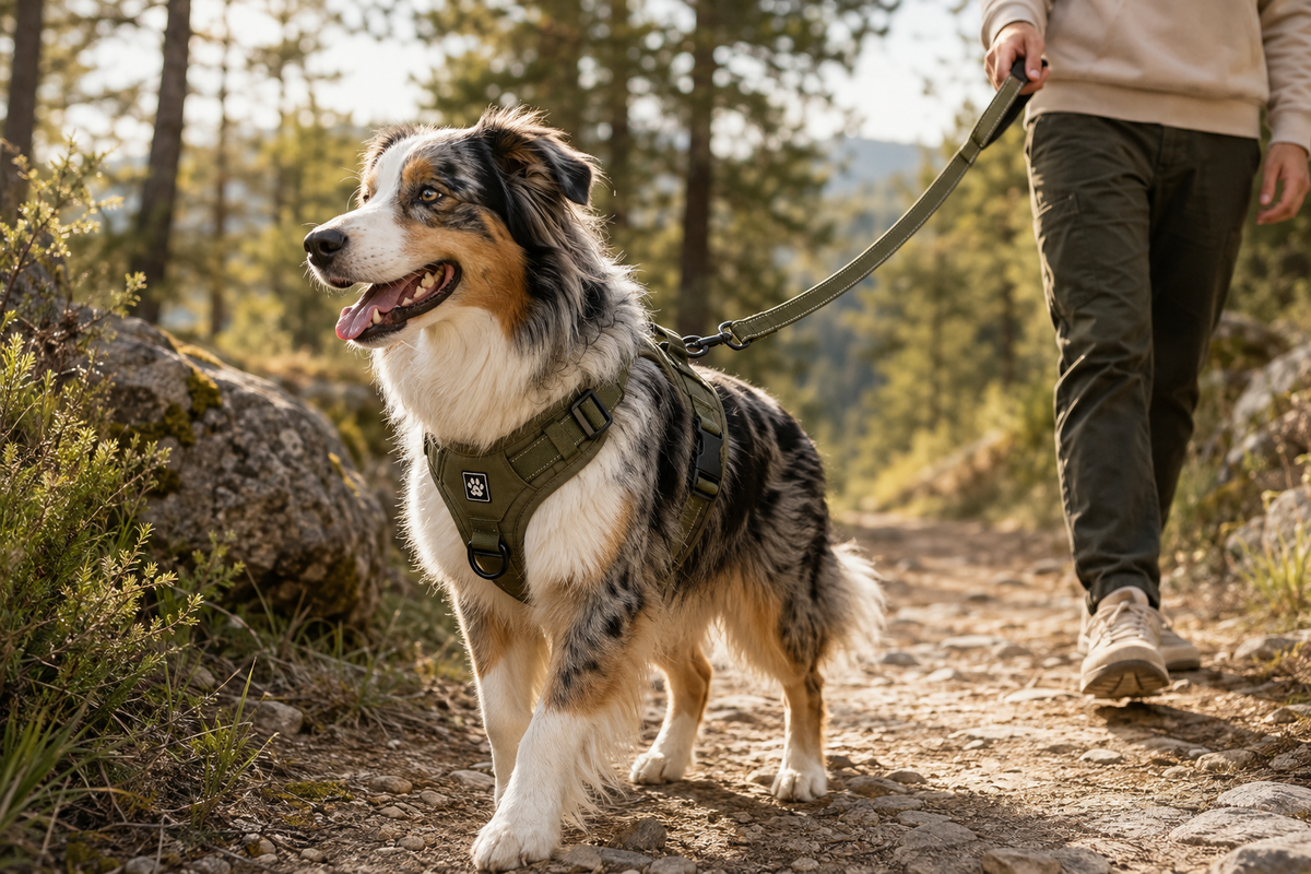 Chien équipé d'un harnais lors d'une promenade en extérieur