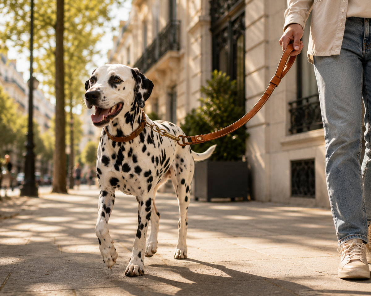 Chien en promenade avec une laisse pour chien