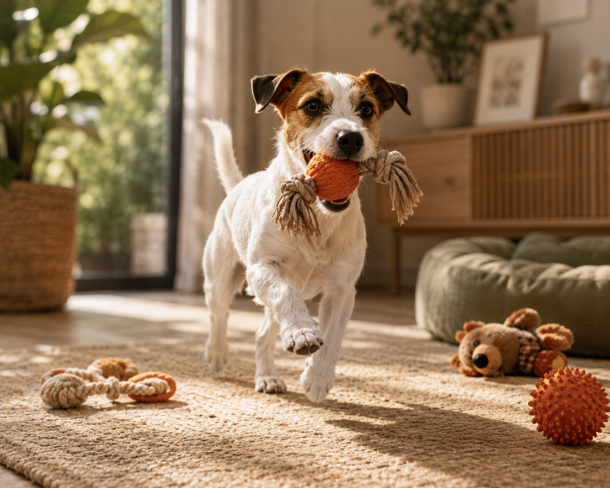 Chien jouant avec un jouet dans un intérieur chaleureux