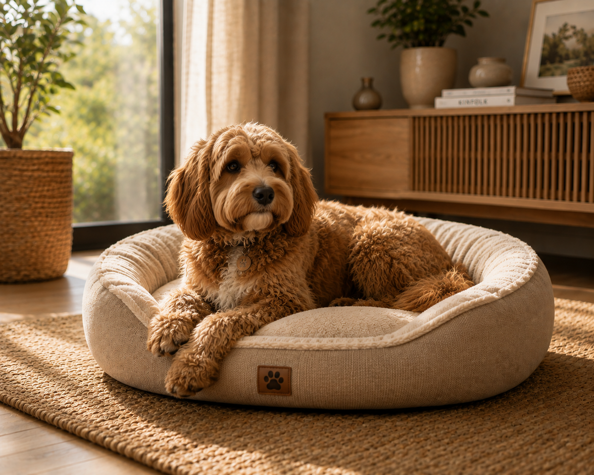 Chien installé confortablement dans un couchage moelleux