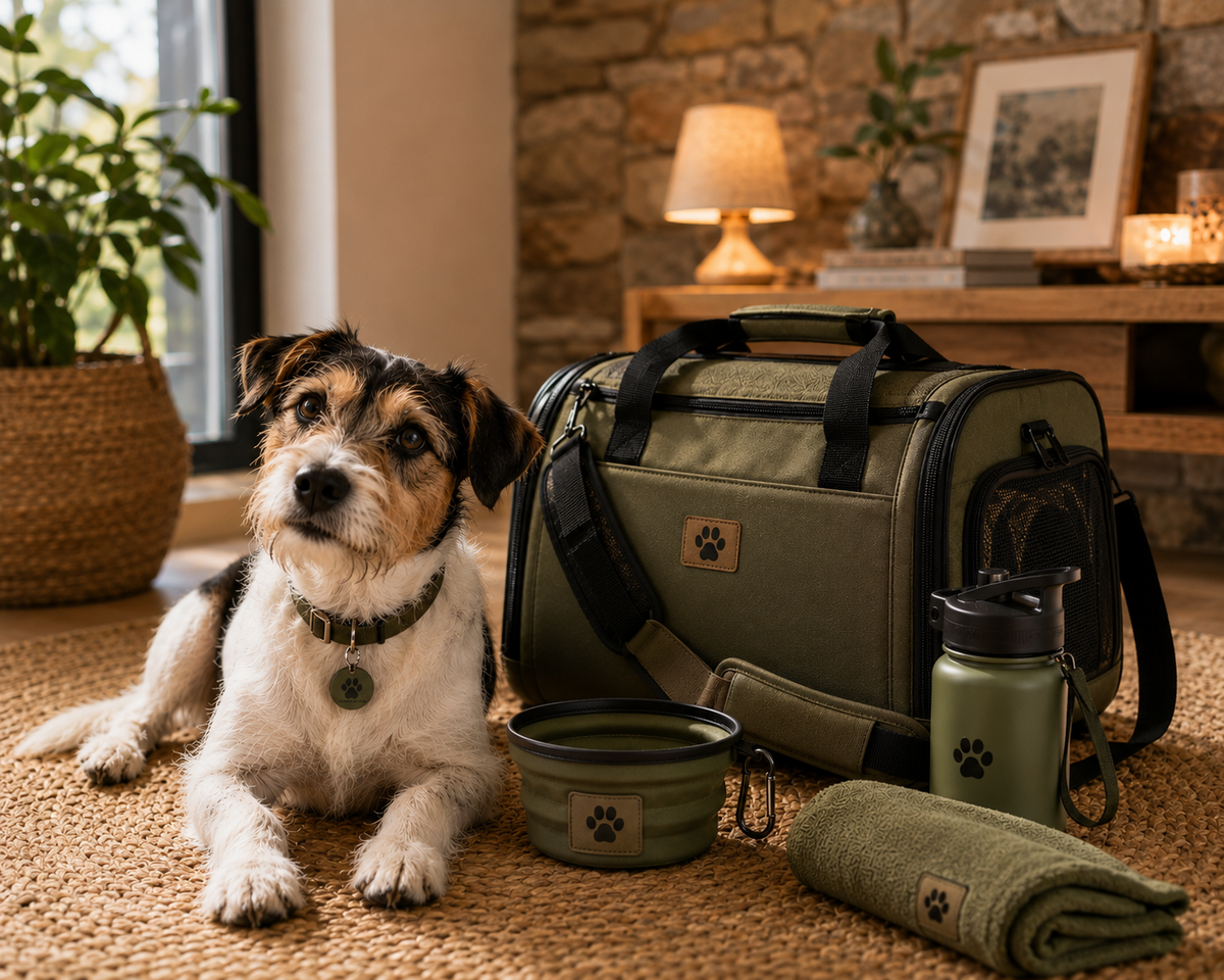 Chien avec des accessoires de voyage pour partir en escapade
