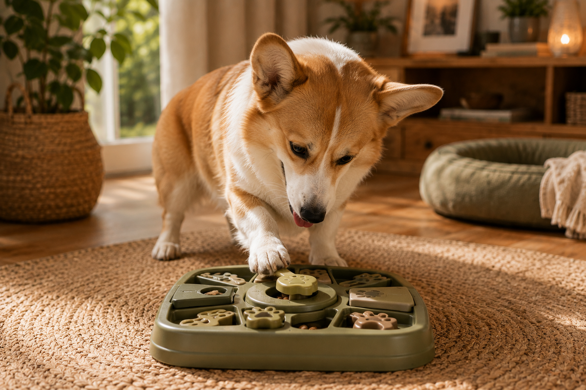 Corgi jouant avec un puzzle interactif pour stimuler son activité mentale