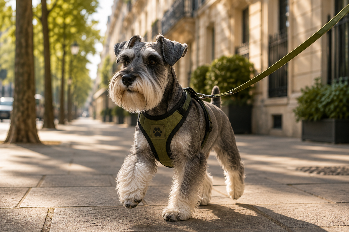 Schnauzer en promenade quotidienne avec un harnais et une laisse