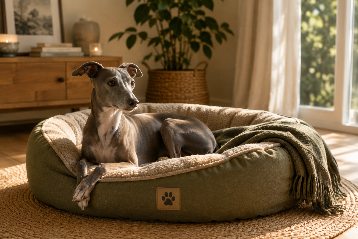 Lévrier italien installé confortablement dans un couchage pour chien