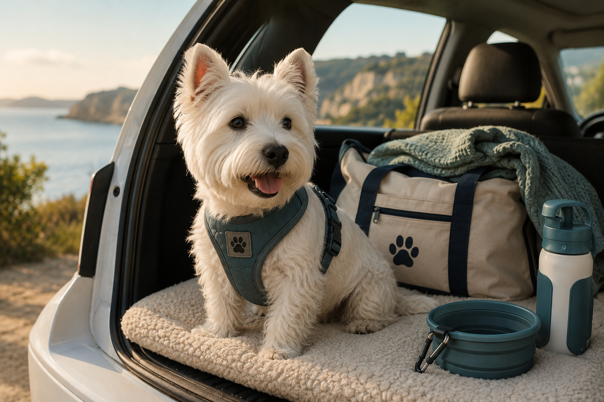 Westie avec ses accessoires de voyage dans le coffre d'une voiture
