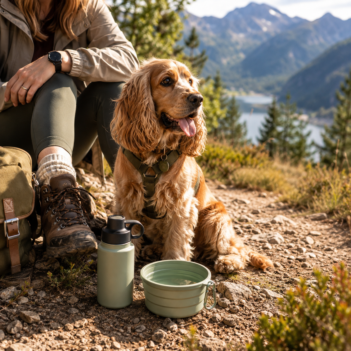 Cocker Spaniel en randonnée avec gourde et gamelle de voyage pour chien