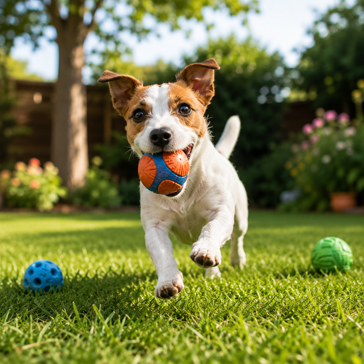 Jack Russell courant avec une balle jouet pour chien dans un jardin