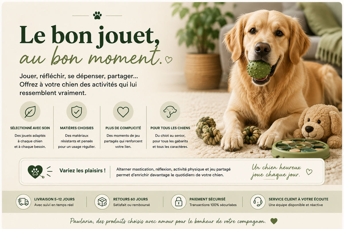 Golden Retriever entouré de jouets pour chien avec balle, corde, peluche et jeu interactif