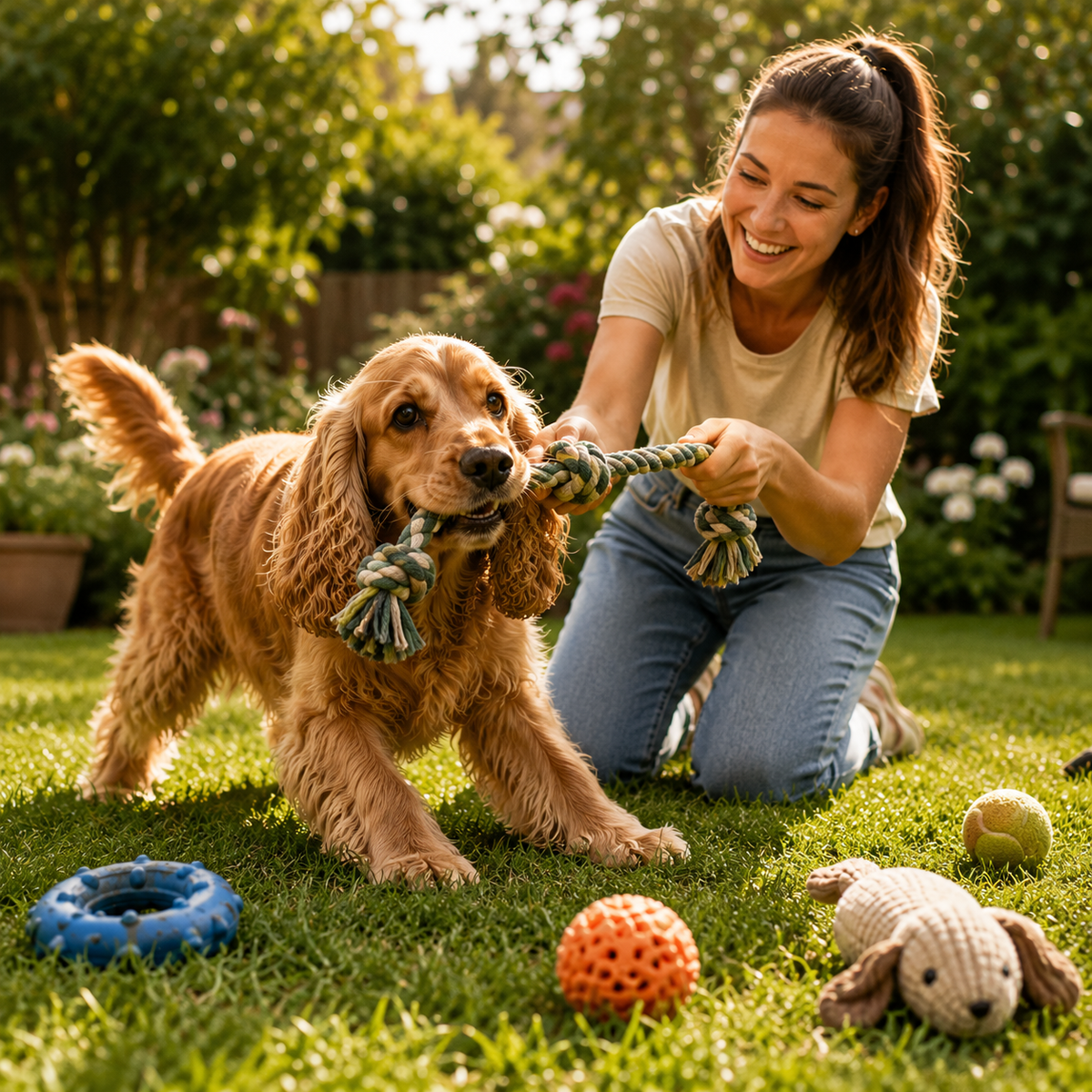 Chien jouant avec sa propriétaire et un jouet en corde dans un jardin