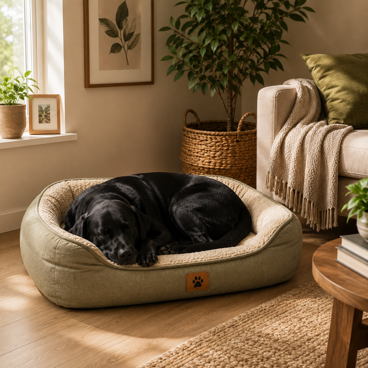 Labrador noir dormant dans son couchage installé dans un coin calme du salon