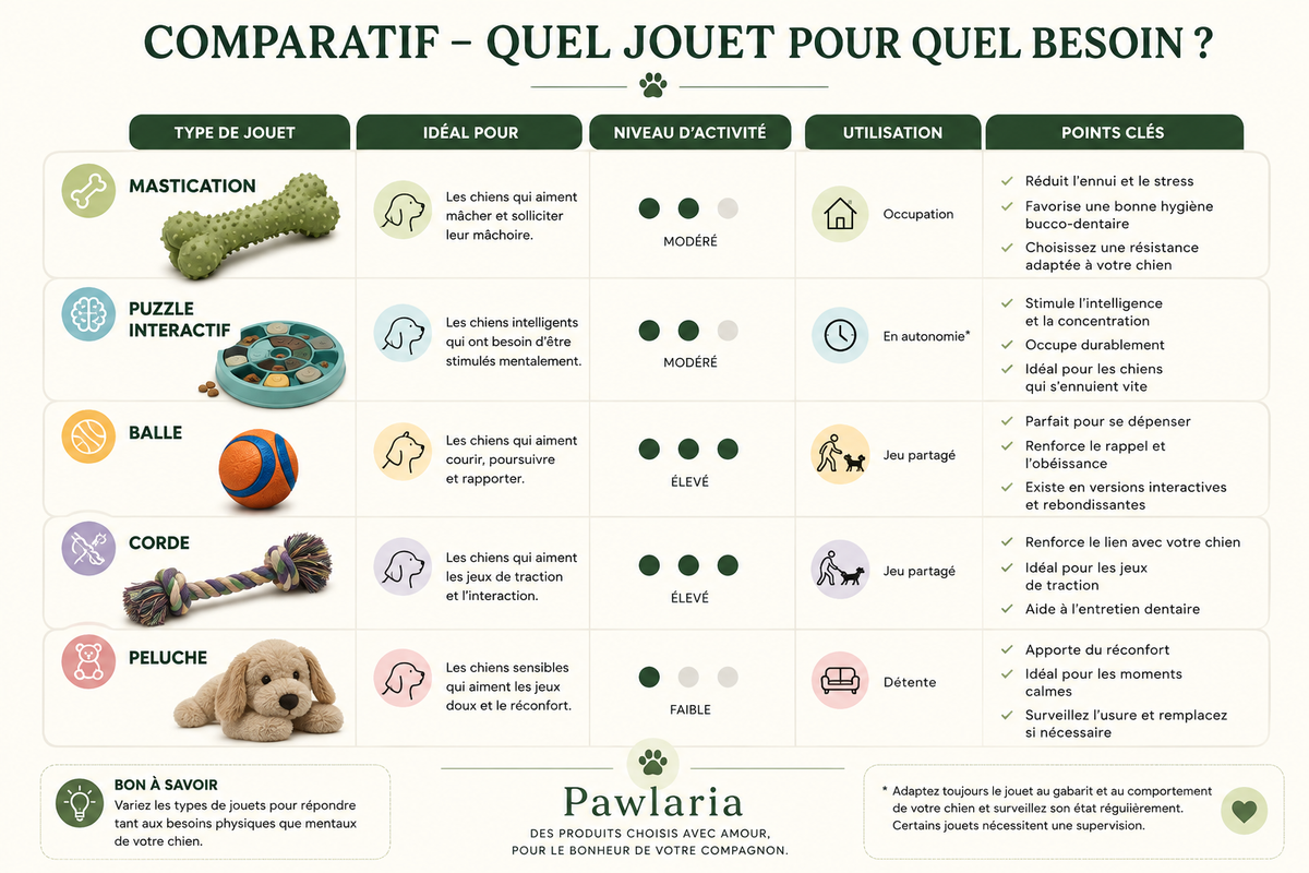 Comparatif des différents types de jouets pour chien selon leurs besoins