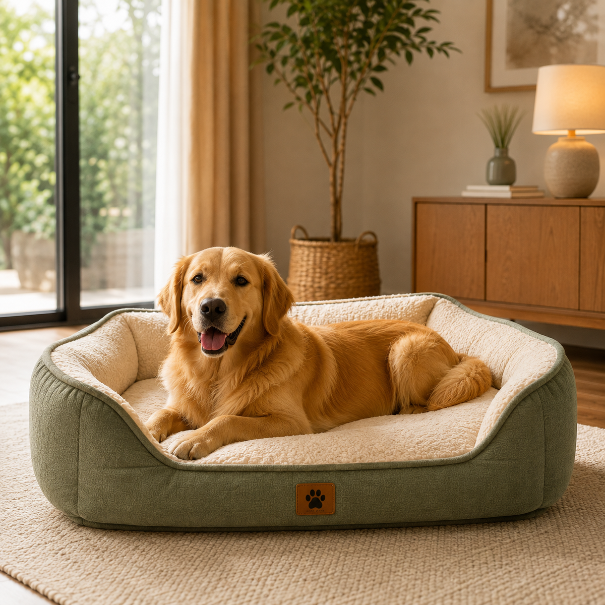 Golden Retriever installé dans un couchage orthopédique confortable pour chien