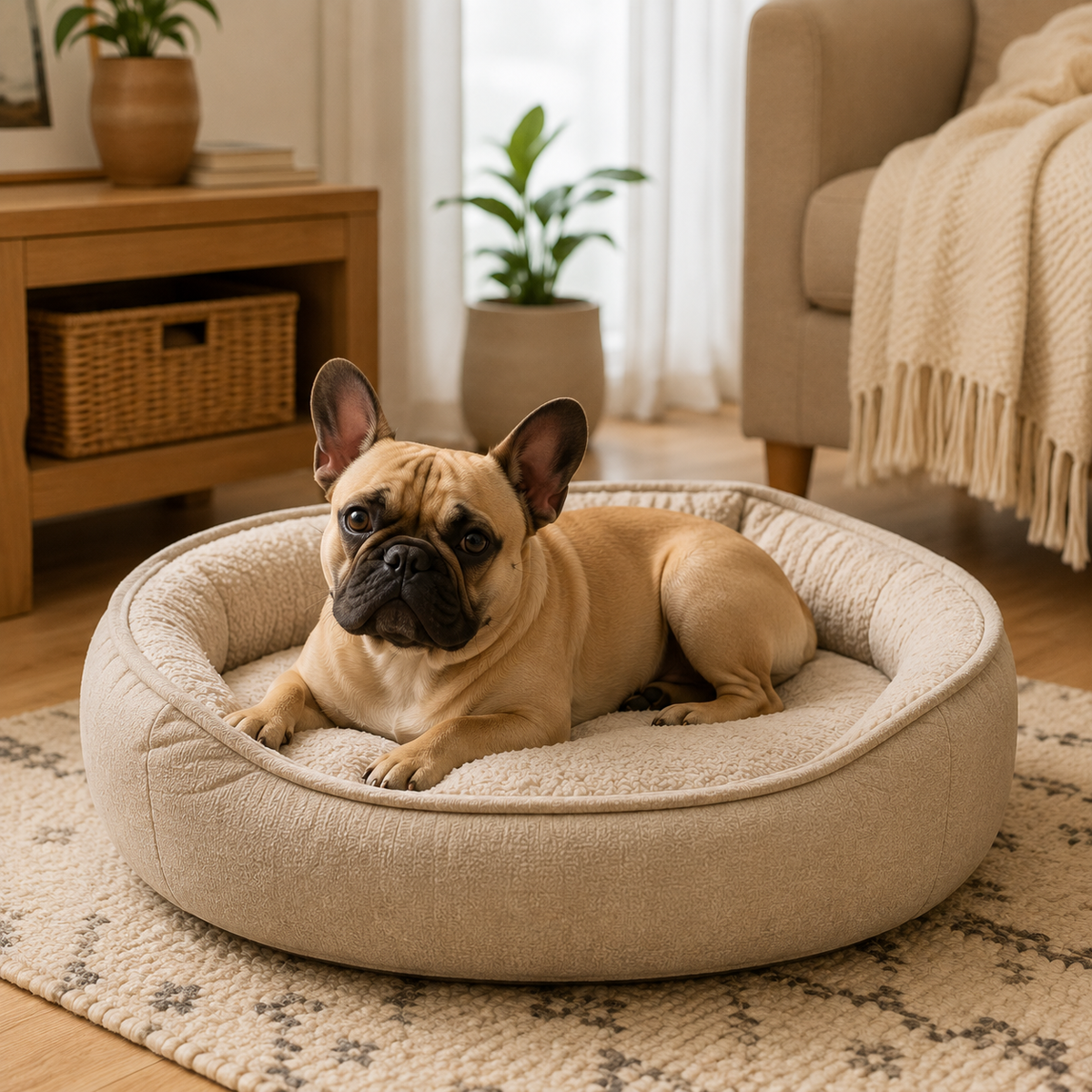 Bouledogue français installé dans un couchage compact pour petit chien