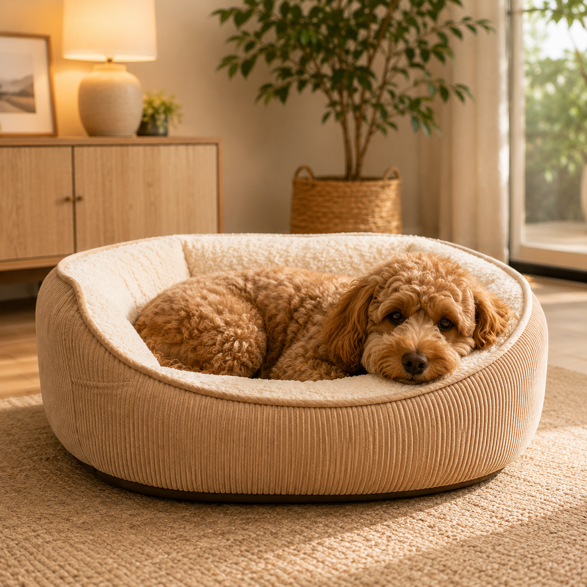 Chien installé dans un couchage avec rebords pour se blottir confortablement