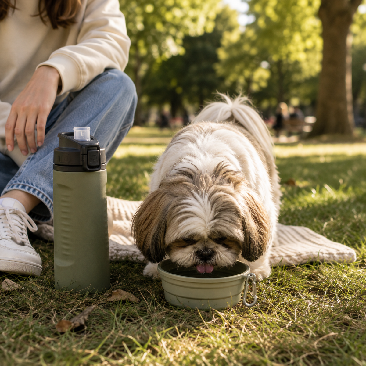 Shih Tzu buvant dans une gamelle pliable pour chien pendant une sortie
