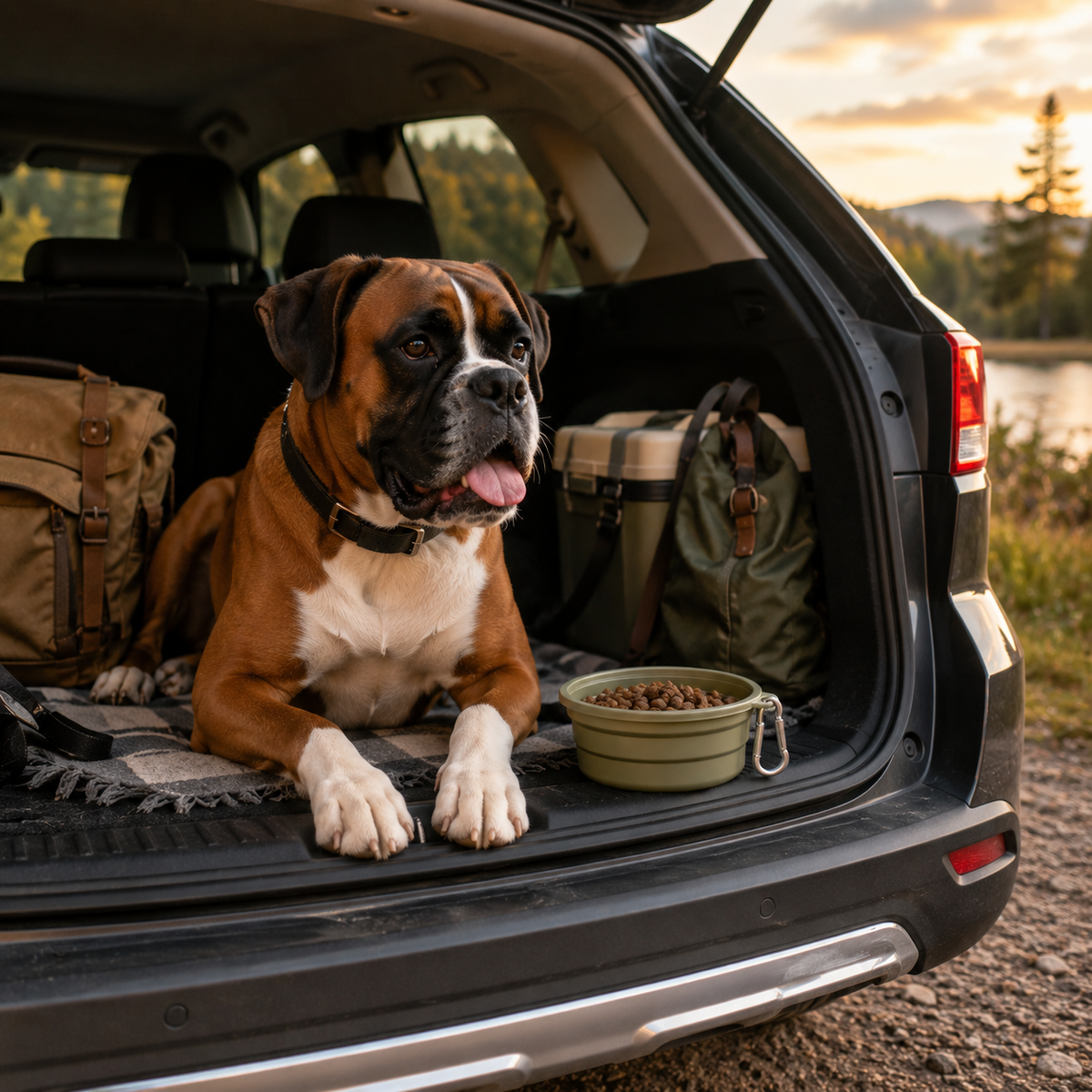 Boxer avec une gamelle de voyage pour chien lors d'un road trip