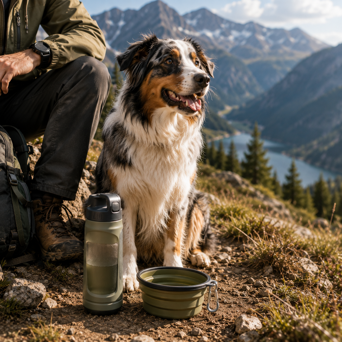 Berger Australien en randonnée avec une gourde de voyage pour chien