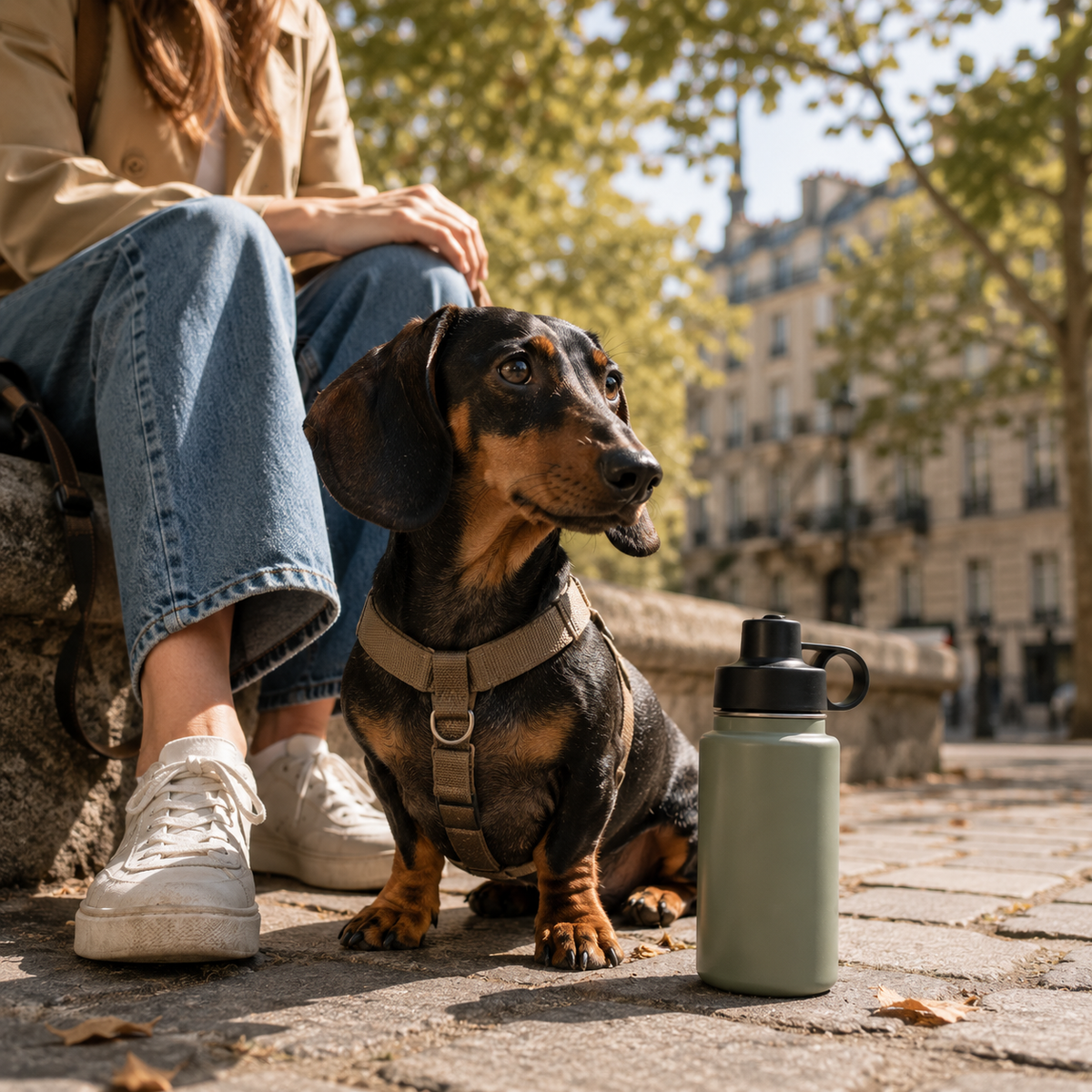 Teckel en promenade avec une gourde de voyage pour chien