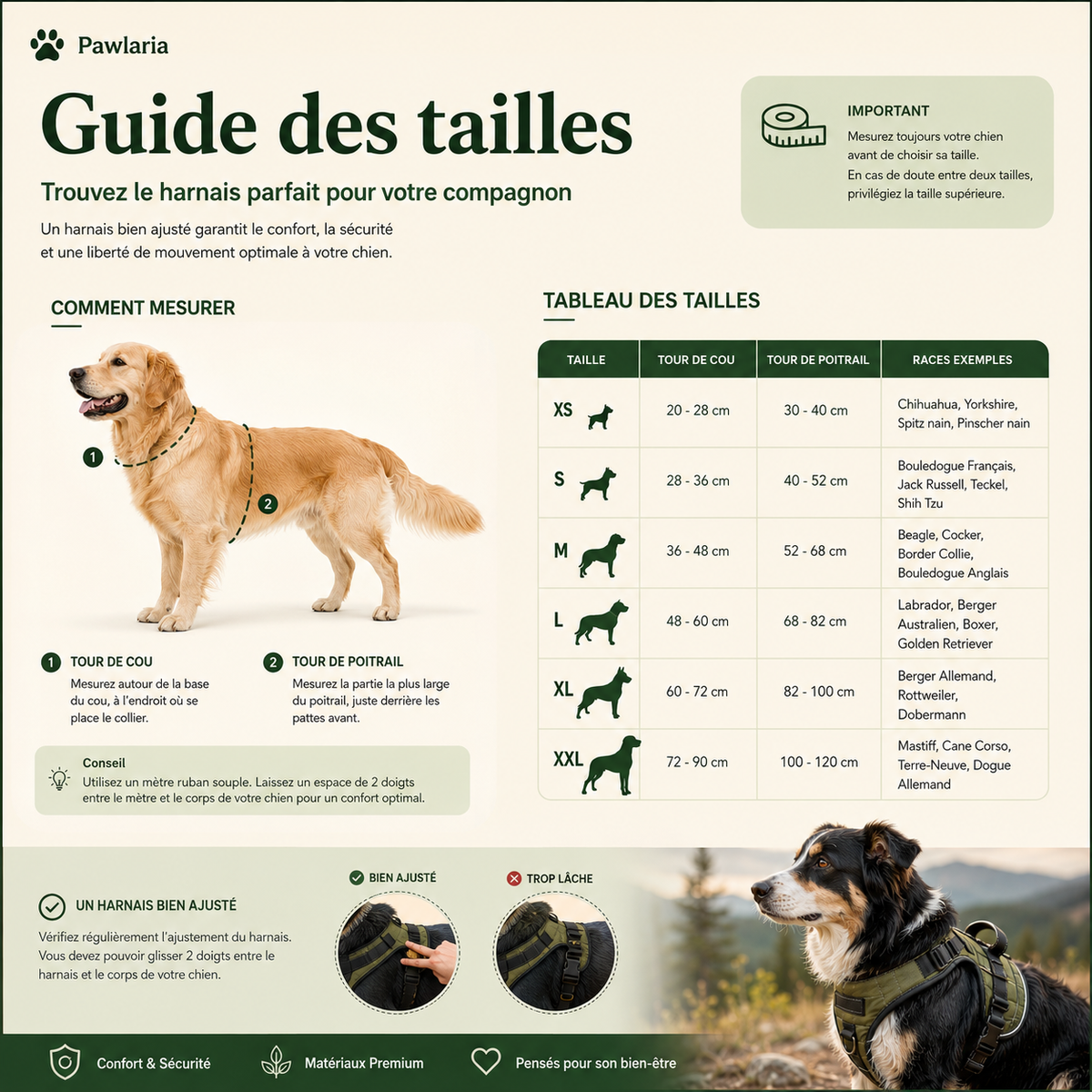 Guide des tailles pour choisir un harnais adapté aux mensurations de son chien