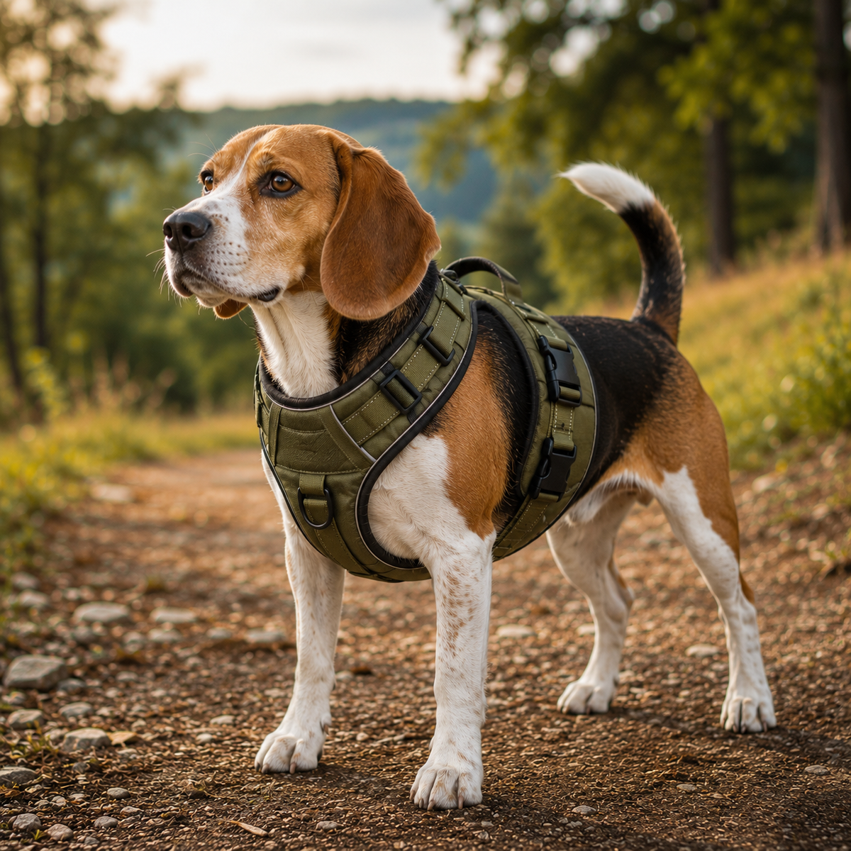Beagle portant un harnais anti-fuite enveloppant lors d'une promenade en extérieur