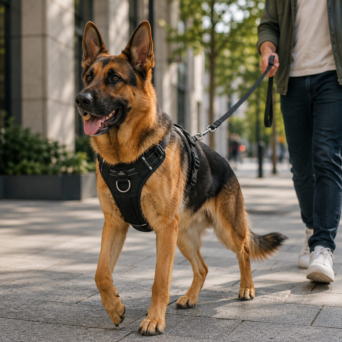 Berger Allemand portant un harnais anti-traction pour chien en promenade