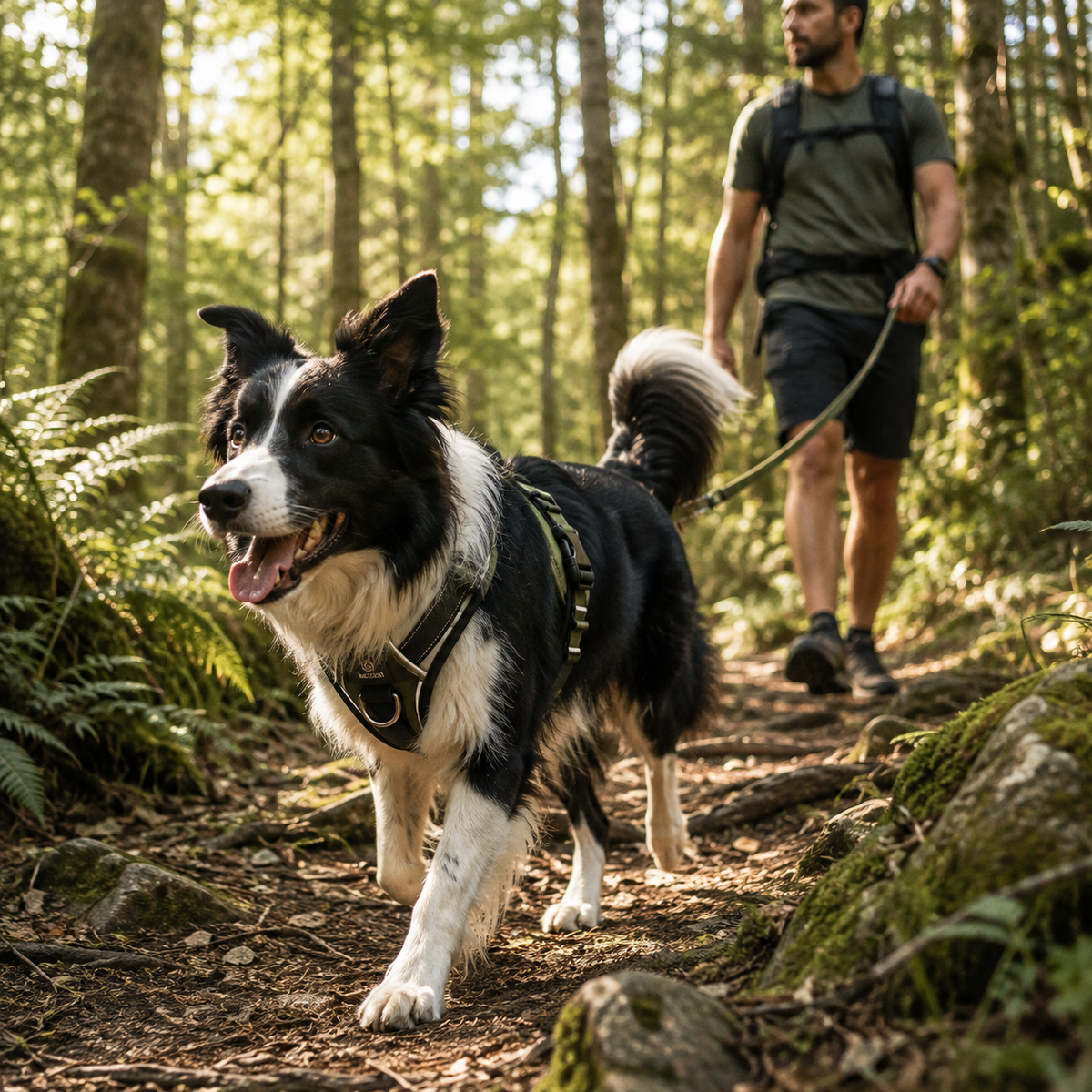 Border Collie portant un harnais pour chien pendant une promenade en forêt
