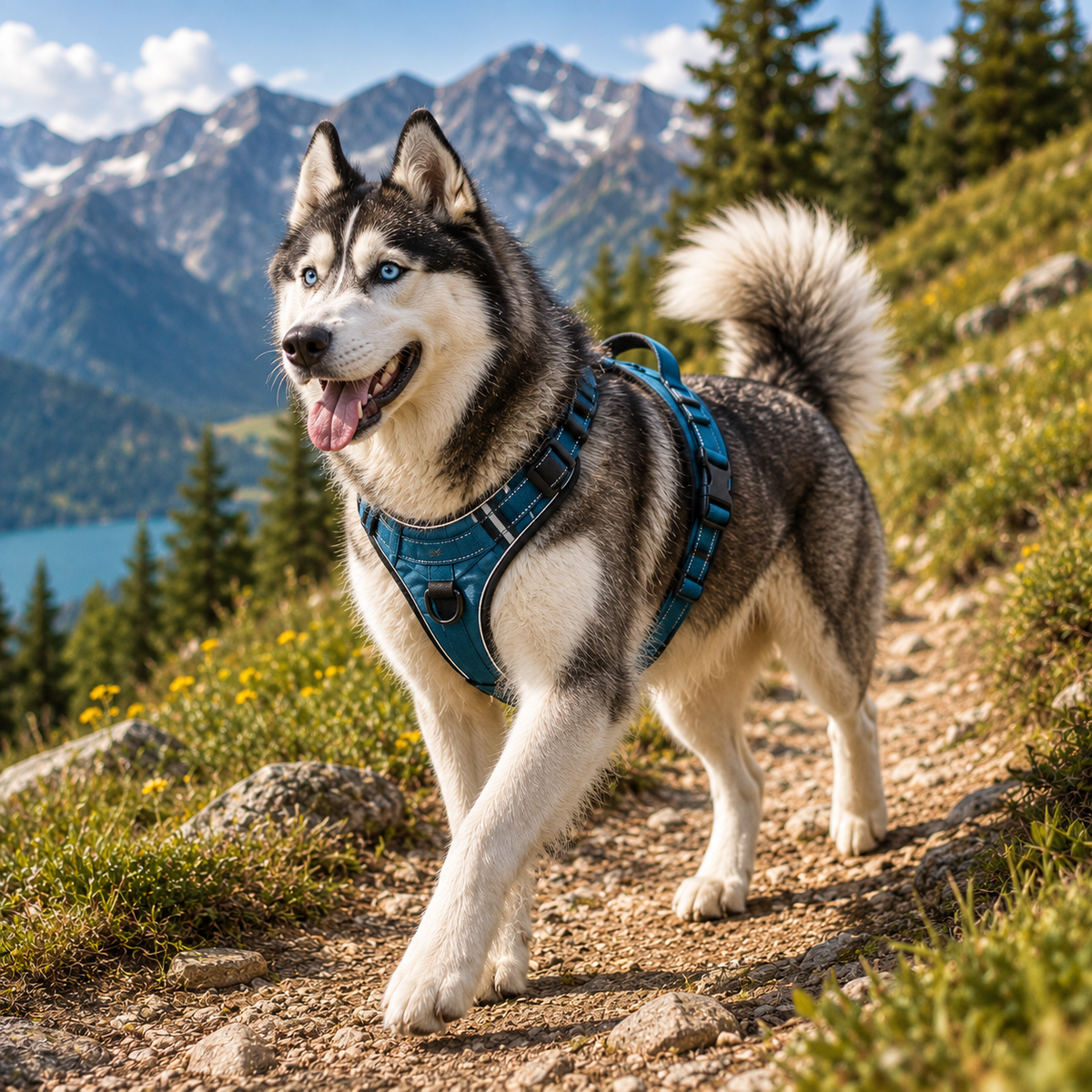 Husky portant un harnais Outdoor pour chien pendant une randonnée en montagne
