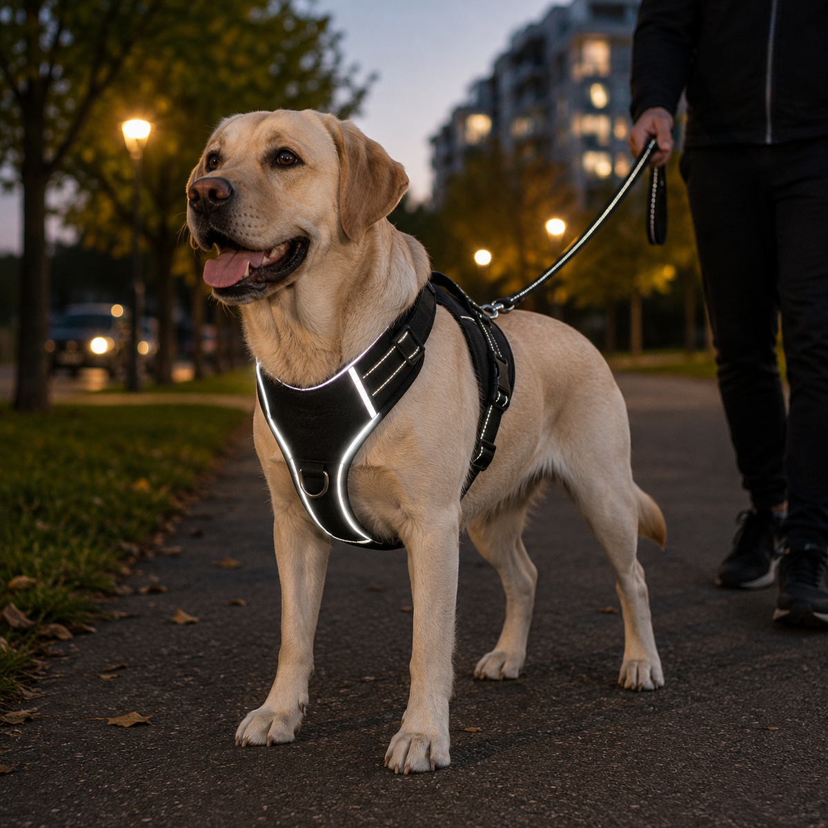 Labrador portant un harnais réfléchissant pour chien lors d'une promenade en soiré