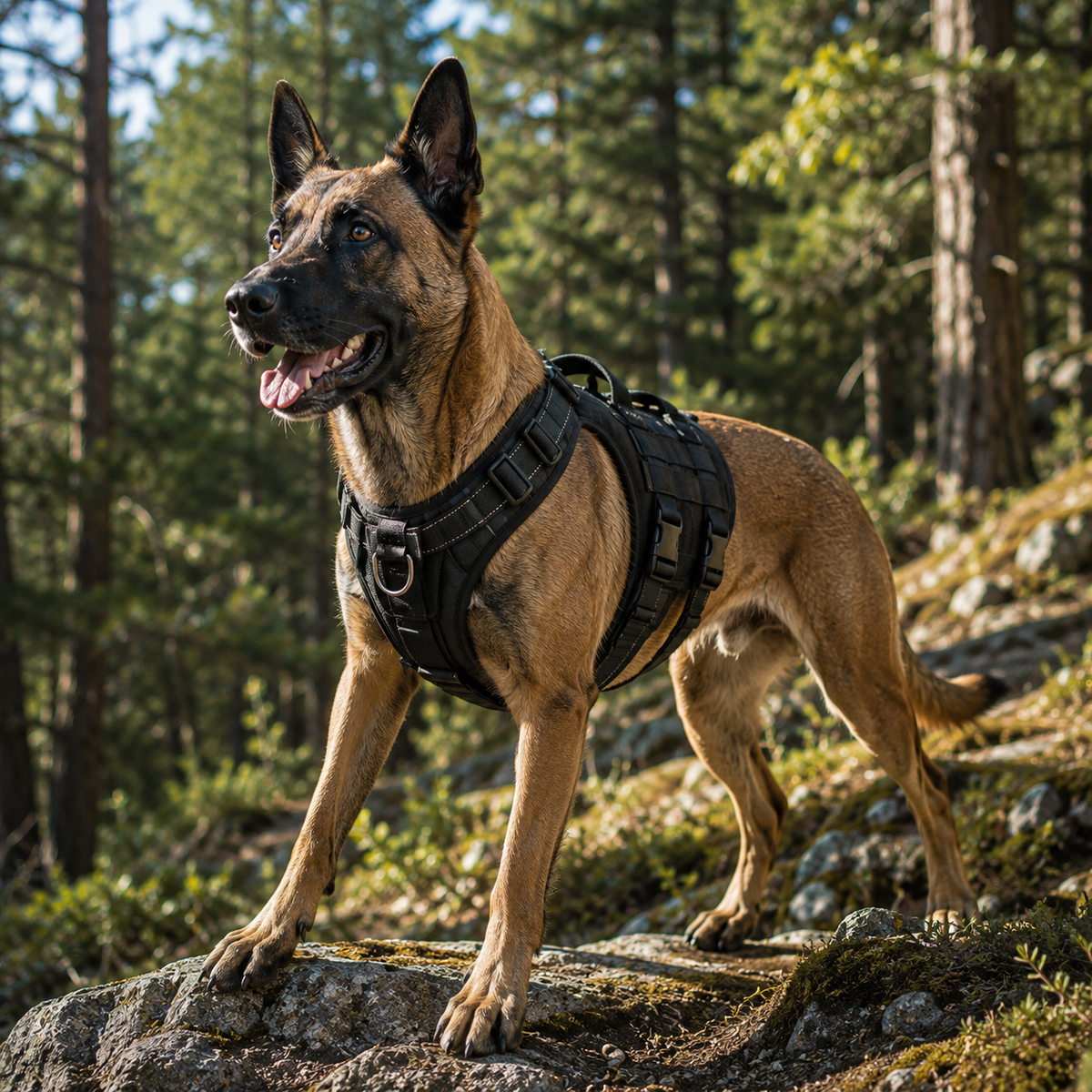 Malinois portant un harnais tactique pour chien lors d'une sortie en forêt