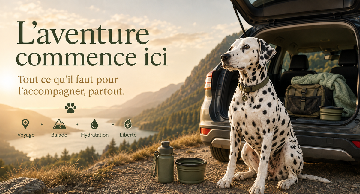 Dalmatien prêt à voyager près d'une voiture avec accessoires de voyage pour chien