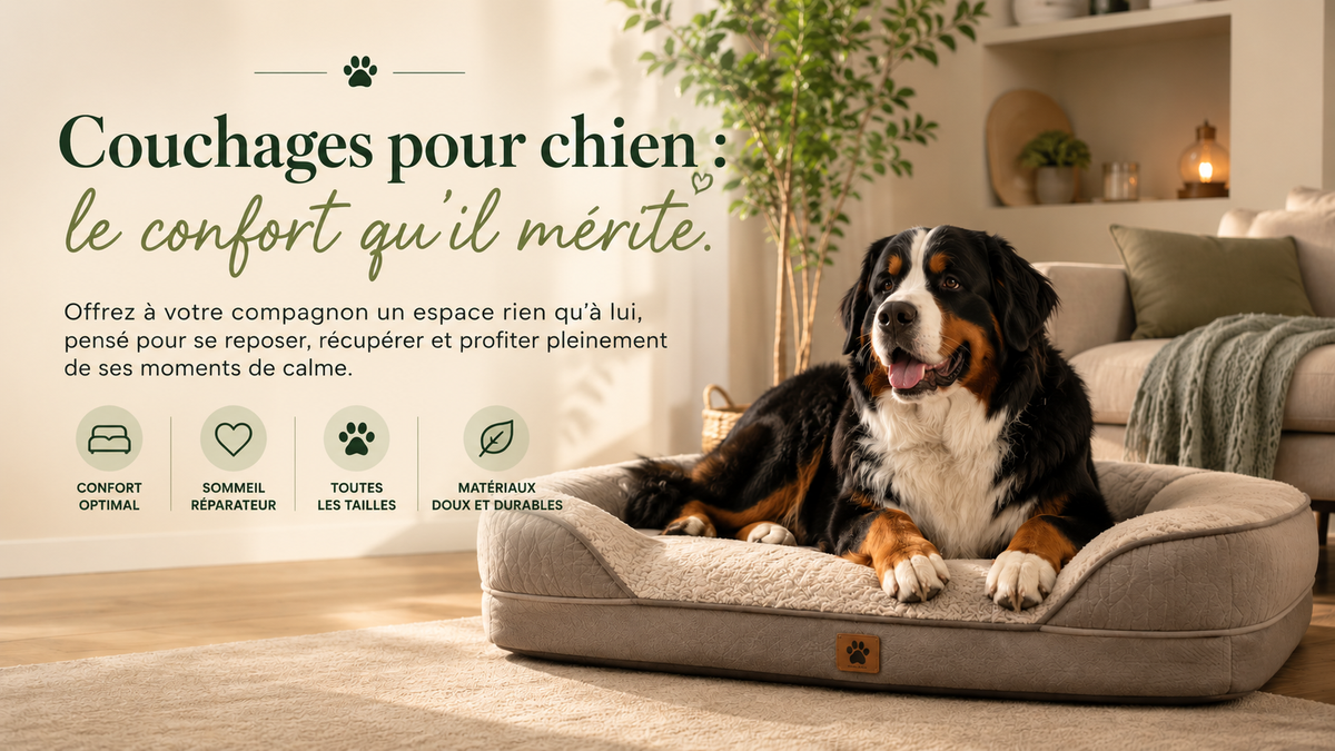 Bouvier bernois installé dans un couchage confortable pour chien dans un intérieur chaleureux