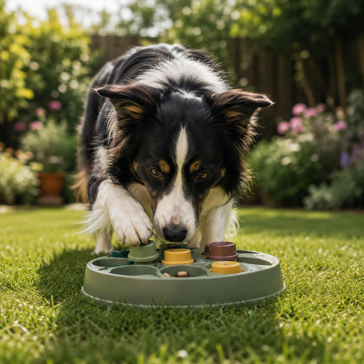 Border Collie jouant avec un jouet interactif de réflexion pour chien