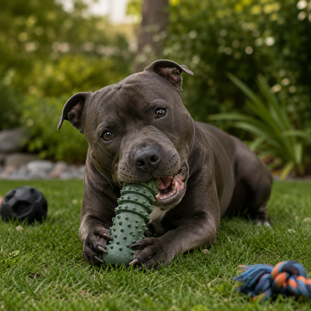 Staffordshire Bull Terrier mâchant un jouet de mastication pour chien