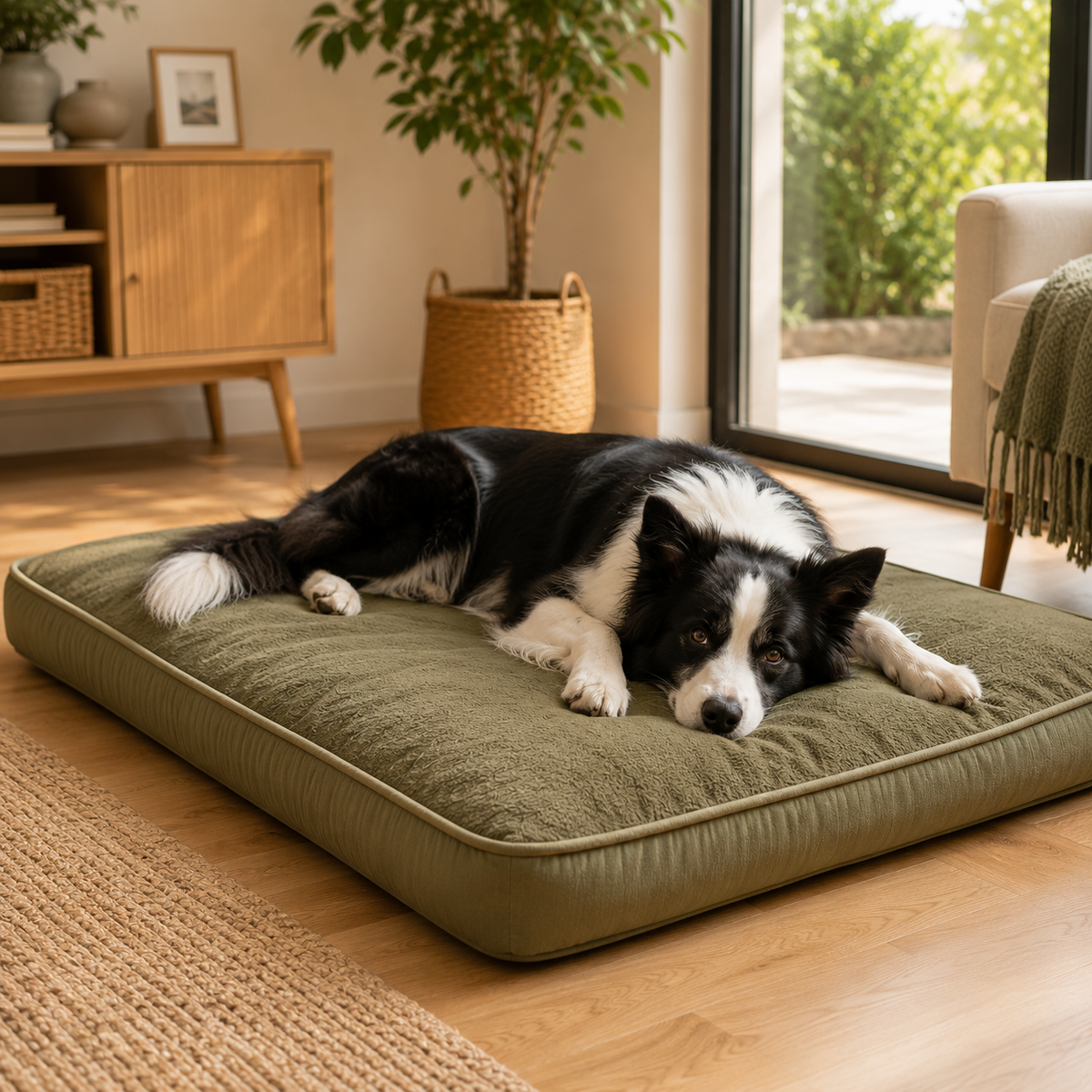 Chien installé dans un couchage avec rebords pour se blottir confortablement