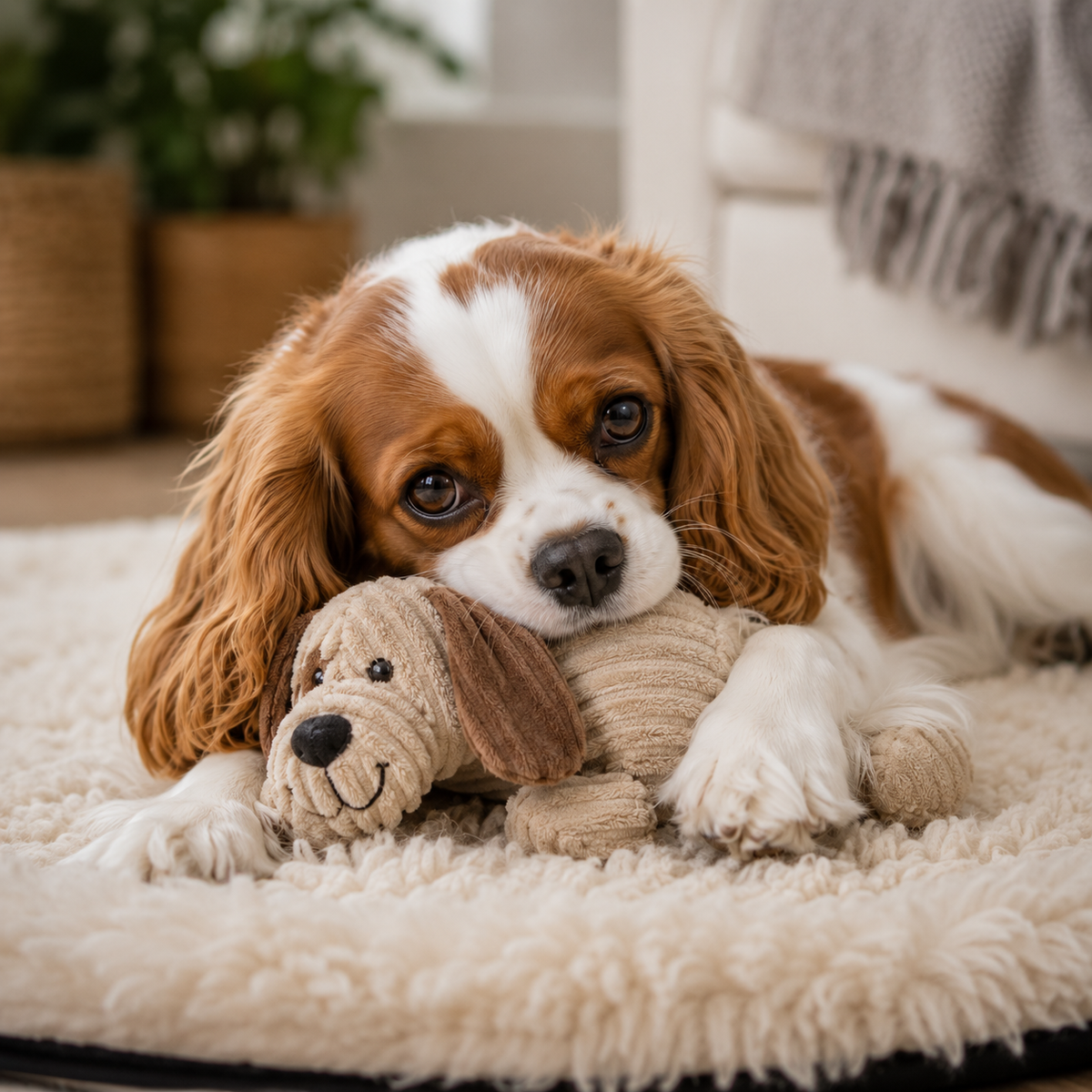 Cavalier King Charles avec une peluche pour chien à la maison