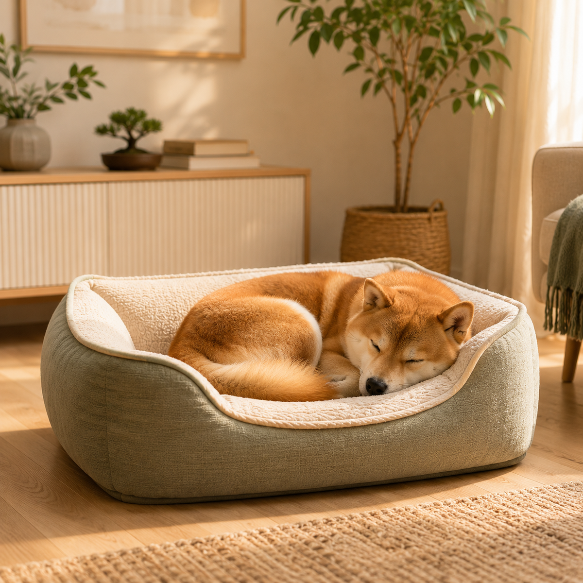 Shiba Inu endormi dans un couchage confortable pour chien à la maison